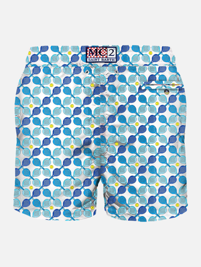 Mc2 Saint Barth Man Light Fabric Swim Shorts With Padel Rackets Print In White