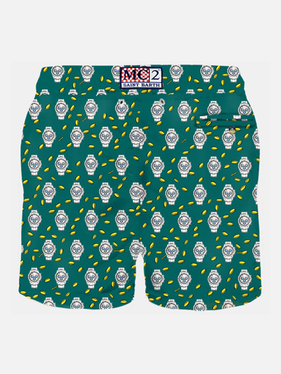 Shop Mc2 Saint Barth Man Light Fabric Swim Shorts With Money And Watch Print In Green