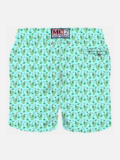 Mc2 Saint Barth Man Lightweight Fabric Swim-shorts Lighting Micro Fantasy With Penguins Print In Green