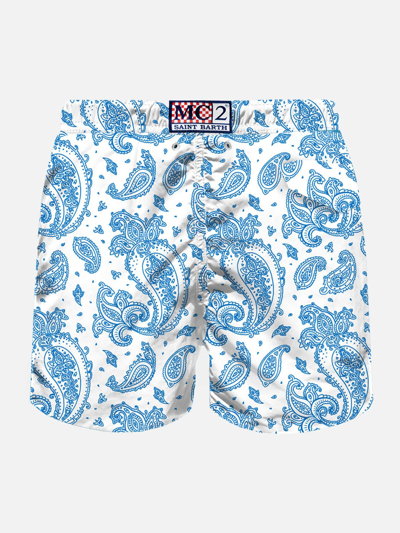 Shop Mc2 Saint Barth Man Light Fabric Swim Shorts With Light Blue Paisley Print In White