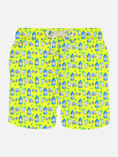 Shop Mc2 Saint Barth Man Light Fabric Swim Shorts With Gin And Gym Print Gin Mare Special Edition In Yellow