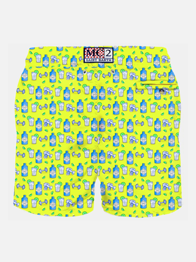 Shop Mc2 Saint Barth Man Light Fabric Swim Shorts With Gin And Gym Print Gin Mare Special Edition In Yellow