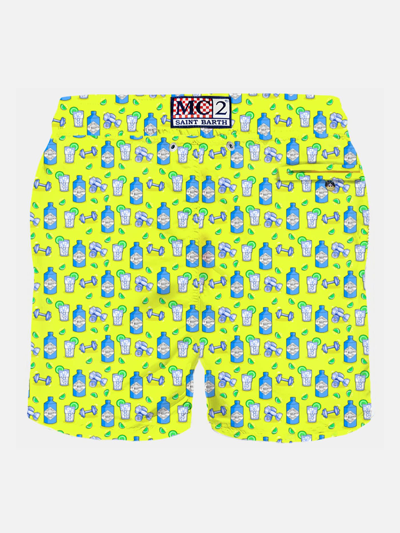 Mc2 Saint Barth Man Light Fabric Swim Shorts With Gin And Gym Print Gin Mare Special Edition In Yellow