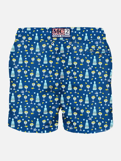 Mc2 Saint Barth Man Lightweight Fabric Swim-shorts Lighting Micro Fantasy With Gin Mare Print Gin Mare Special Editi In Blue