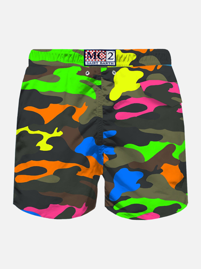 Mc2 Saint Barth Man Light Fabric Swim Shorts With Fluo Camouflage Print In Fluo