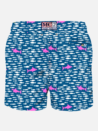 Mc2 Saint Barth Man Light Fabric Swim Shorts With Fish And Sharks Print In Blue