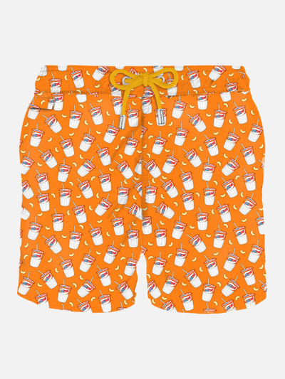 Shop Mc2 Saint Barth Man Light Fabric Swim Shorts With Estathé Print Estathé® Special Edition In Orange