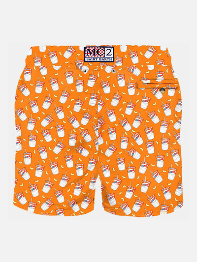 Shop Mc2 Saint Barth Man Light Fabric Swim Shorts With Estathé Print Estathé® Special Edition In Orange
