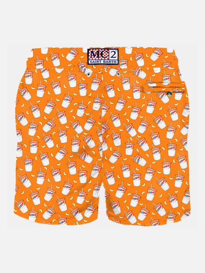 Mc2 Saint Barth Man Light Fabric Swim Shorts With Estathé Print Estathé® Special Edition In Orange
