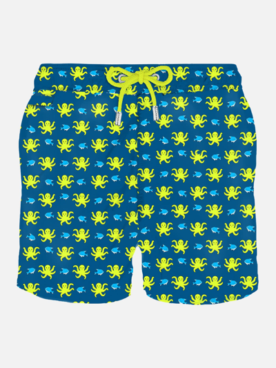 Shop Mc2 Saint Barth Man Light Fabric Swim Shorts With Fish And Octopus Print In Blue