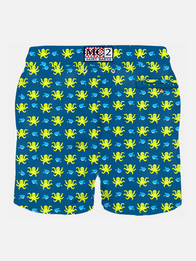 Shop Mc2 Saint Barth Man Light Fabric Swim Shorts With Fish And Octopus Print In Blue