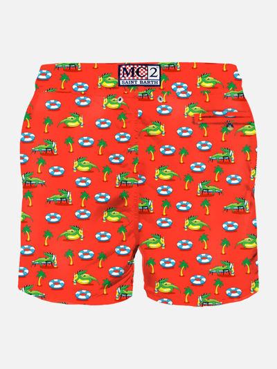 Shop Mc2 Saint Barth Man Light Fabric Swim Shorts With Crocodile Print In Red