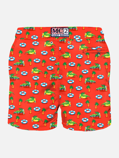 Mc2 Saint Barth Man Light Fabric Swim Shorts With Crocodile Print In Red