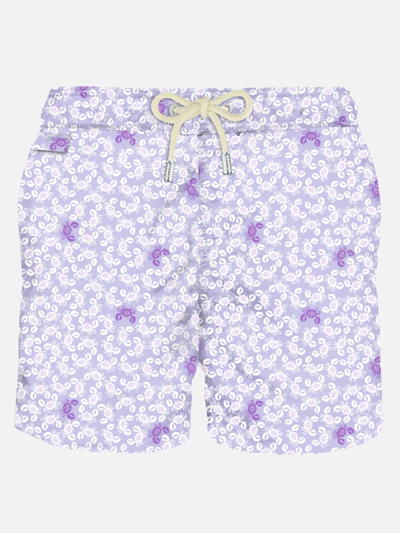 Shop Mc2 Saint Barth Man Light Fabric Swim Shorts With Crab Print In Purple