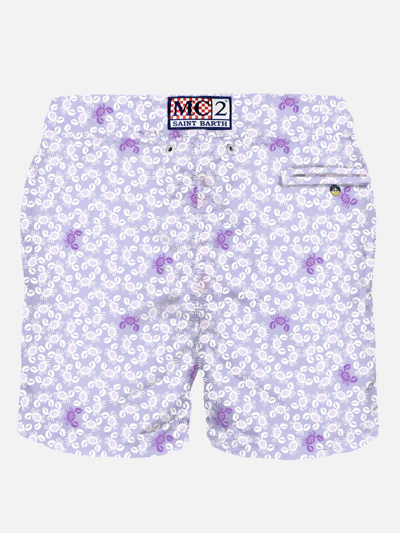 Shop Mc2 Saint Barth Man Light Fabric Swim Shorts With Crab Print In Purple