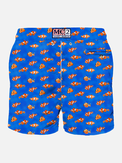Mc2 Saint Barth Man Light Fabric Swim Shorts With Clownfish Print In Sky