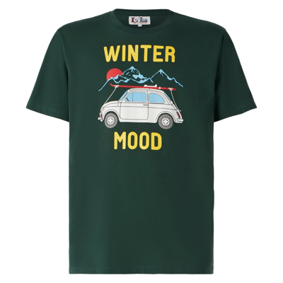 Mc2 Saint Barth Man Forest Green T-shirt With Car Print Fiat 500 Special Edition In Green