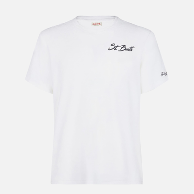 Shop Mc2 Saint Barth Man Cotton T-shirt With St. Barth Surf Print In White