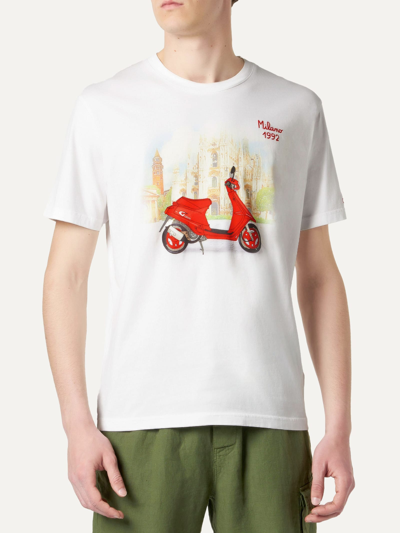 Shop Mc2 Saint Barth Man Cotton T-shirt With Milano Moto 1992 Print In White