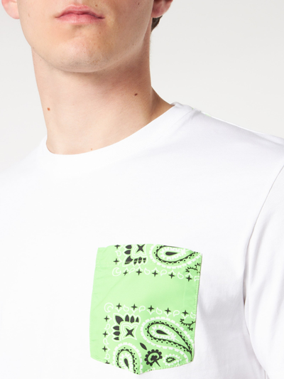 Mc2 Saint Barth Man Cotton T-shirt With Green Bandanna Pocket In White