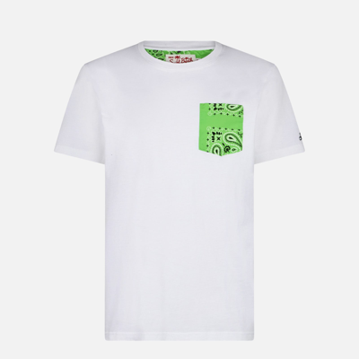 Mc2 Saint Barth Man Cotton T-shirt With Green Bandanna Pocket In White