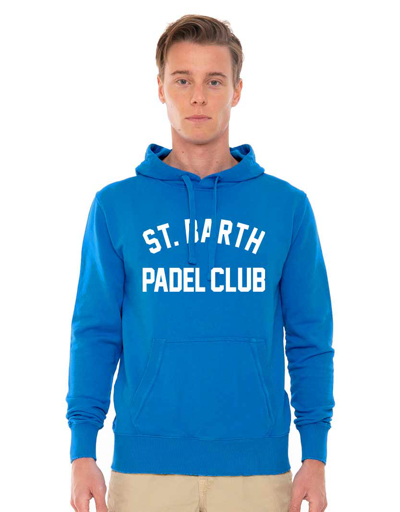 Shop Mc2 Saint Barth Man Cotton Hooded Sweatshirt With St. Barth Padel Club Print In Blue