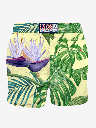 Shop Mc2 Saint Barth Man Classic Swim Shorts With Tropical Print In Yellow