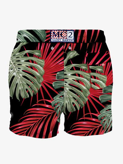 Shop Mc2 Saint Barth Man Classic Swim Shorts With Tropical Print In Black