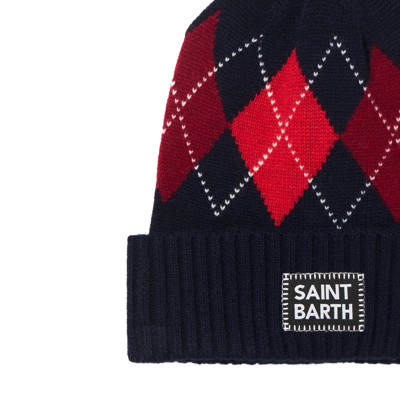 Shop Mc2 Saint Barth Man Blue Beanie With Argyle Print