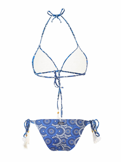 Shop Mc2 Saint Barth Flower Denim Print Triangle Bikini In Blue