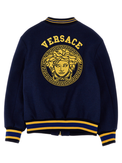 Shop Versace Logo Embroidery Bomber Jacket In Blue