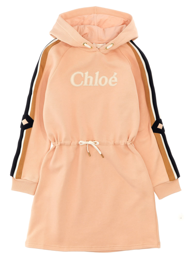 Shop Chloé Logo Embroidered Hooded Dress In Pink