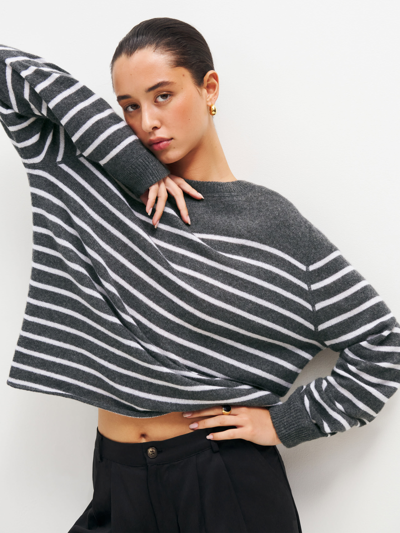 Shop Reformation Cashmere Boyfriend Sweater In Charcoal With Ivory Stripe