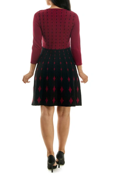 Shop Nina Leonard Two-tone Fit & Flare Sweater Dress In Crimson/ Black