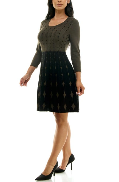 Shop Nina Leonard Two-tone Fit & Flare Sweater Dress In Olive/ Black