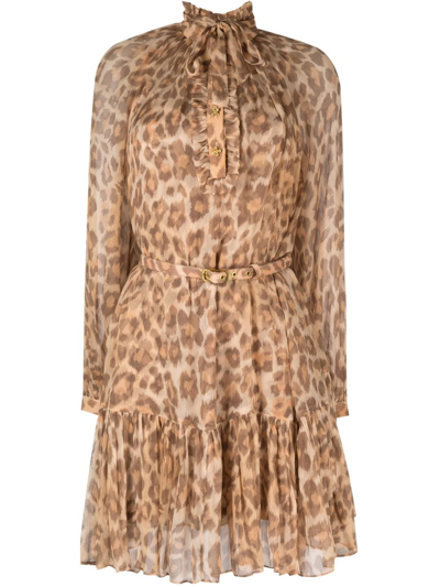 Shop Zimmermann Leopard-print Belted-waist Minidress In Brown