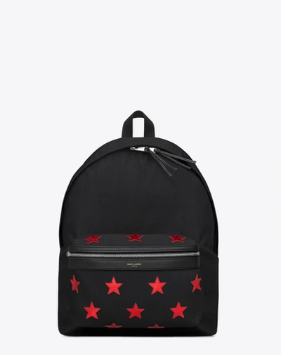 Saint Laurent Black Canvas Stars Backpack In Nero/rosso