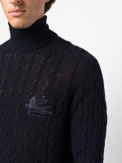Shop Etro Roll-neck Cashmere Cable-knit Jumper In Blue