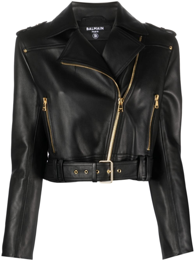 Shop Balmain Cropped Leather Biker Jacket In Black