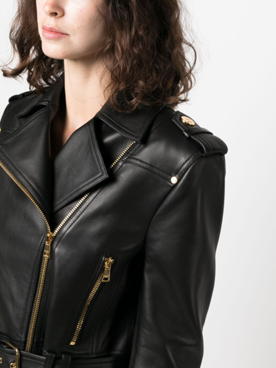 Shop Balmain Cropped Leather Biker Jacket In Black