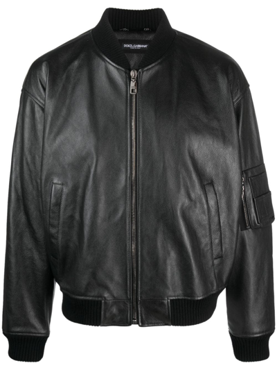 Shop Dolce & Gabbana Leather Zip-up Bomber Jacket In Black