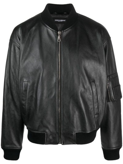 Dolce & Gabbana Leather Bomber Jacket In Black