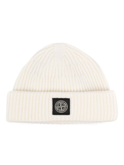 Shop Stone Island Compass-motif Ribbed Beanie In White