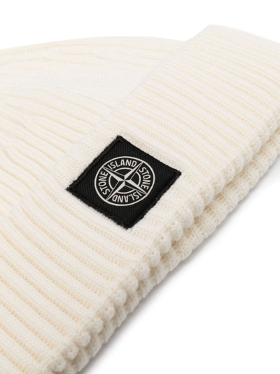 Shop Stone Island Compass-motif Ribbed Beanie In White