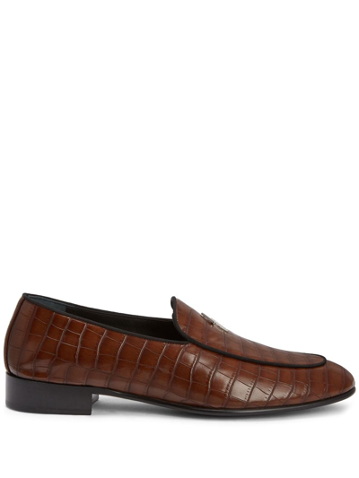 Shop Giuseppe Zanotti Rudolph Crocodile-effect Leather Loafers In Brown