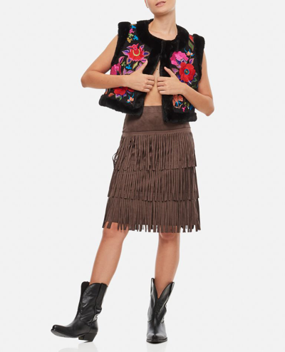 Shop Iriã© Faux Suede Fringe Midi Skirt In Brown