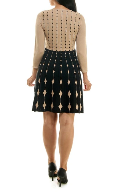 Nina Leonard Two-tone Fit & Flare Sweater Dress In Tan/ Black