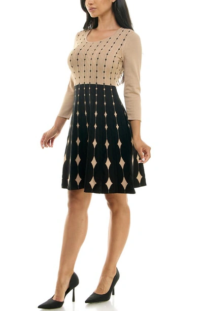 Nina Leonard Two-tone Fit & Flare Sweater Dress In Tan/ Black