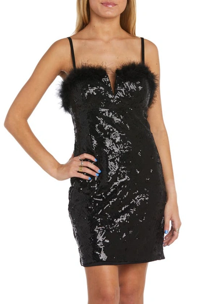 Morgan & Co. Sequin Split Neck Feather Trim Dress In Black