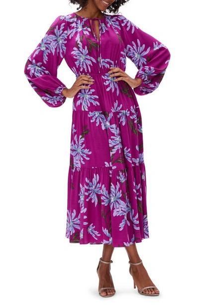 Shop Diane Von Furstenberg Dominique Floral Long Sleeve Tiered Dress In Paris Floral Red Purple